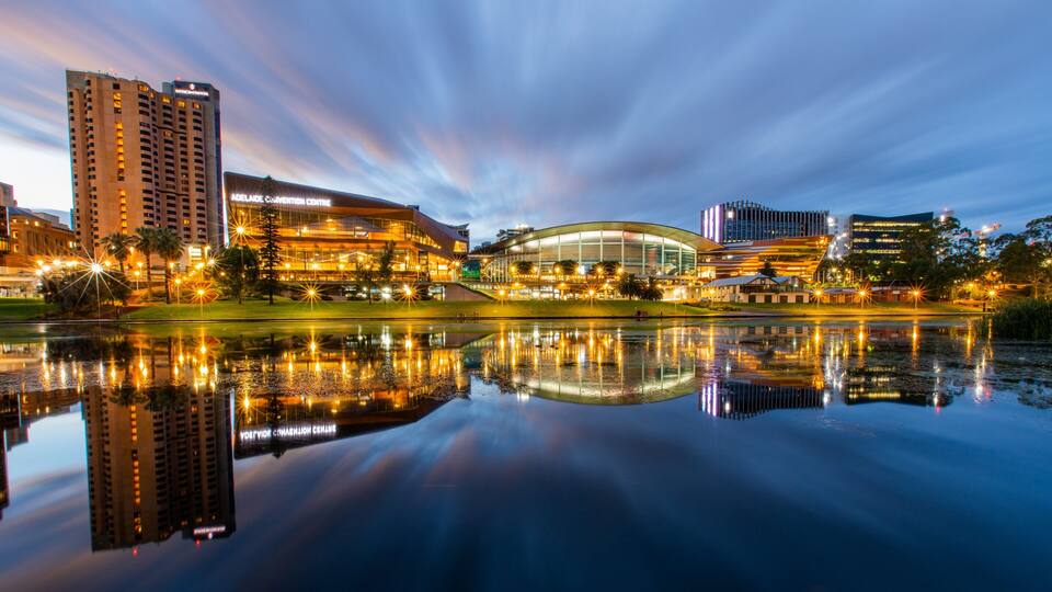 Adelaide Central Business District featuring a city, night scenes and a bay or harbor