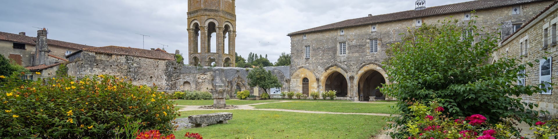 Saint Sulpice abbey and its bell tower standing in Charroux, France