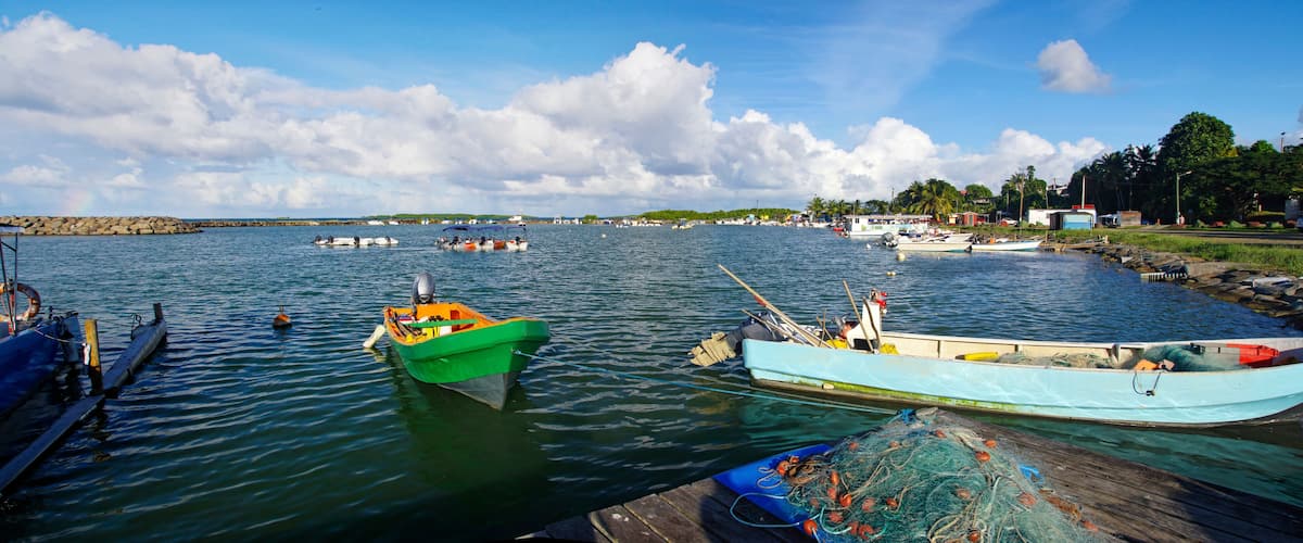 Embarkation boarding in center of Sainte-Rose, the one of bigger city in the north of Basse-Terre on Guadeloupe island, west French Antilles.