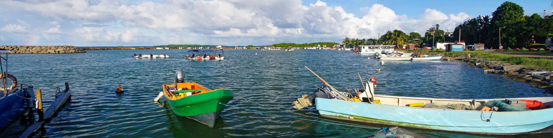 Embarkation boarding in center of Sainte-Rose, the one of bigger city in the north of Basse-Terre on Guadeloupe island, west French Antilles.