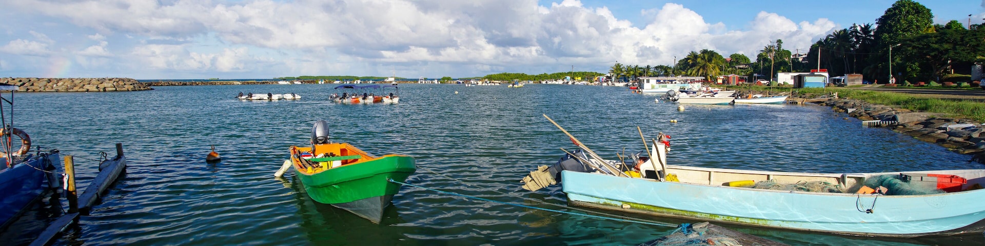 Embarkation boarding in center of Sainte-Rose, the one of bigger city in the north of Basse-Terre on Guadeloupe island, west French Antilles.