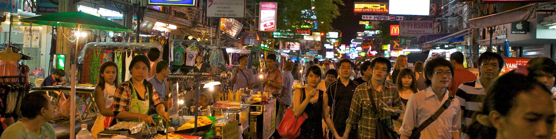 Vibrant nightlife and bustling street life on Khaosan Road in Bangkok, Thailand