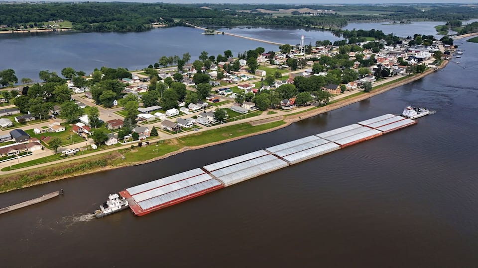 A river with a lock system, a town with houses and a church, and a bridge in the distance.