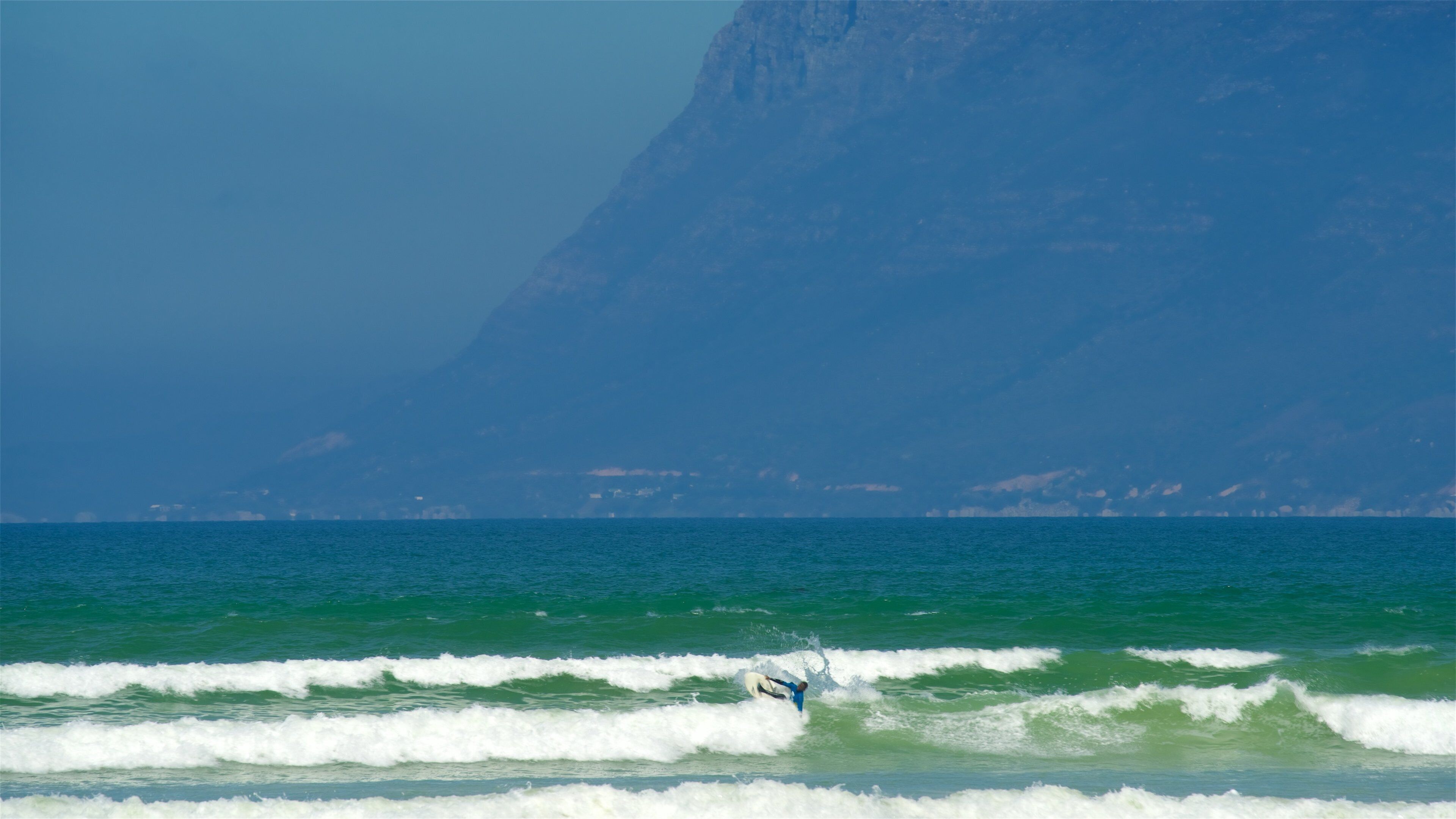 Muizenberg som viser kyst og surfing