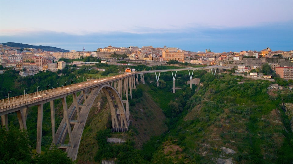 A bridge spanning a deep valley with a cityscape in the background.