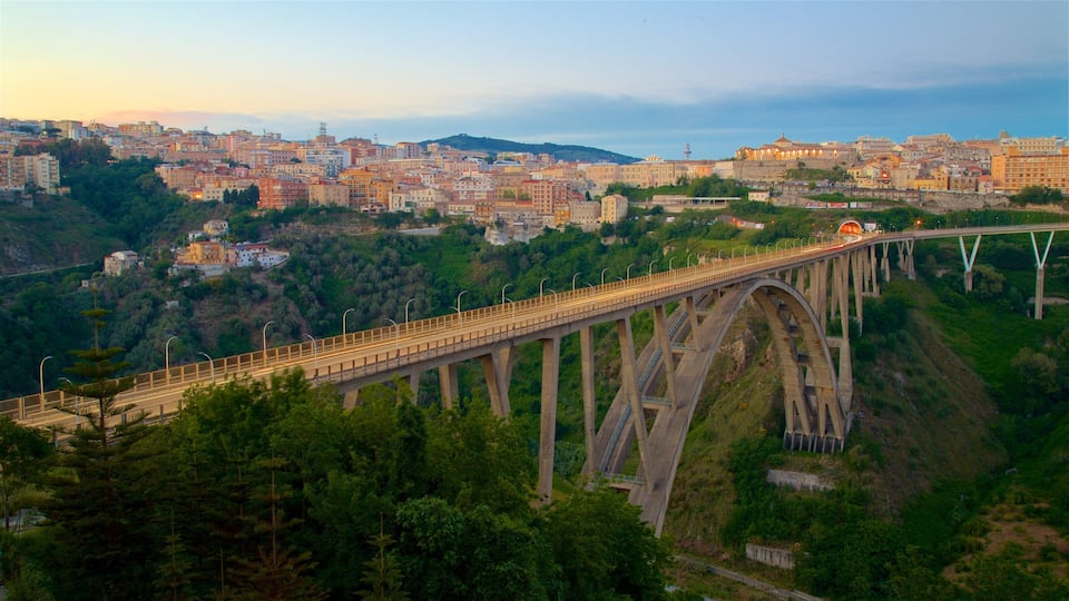 A long bridge spanning a valley with a city in the background.
