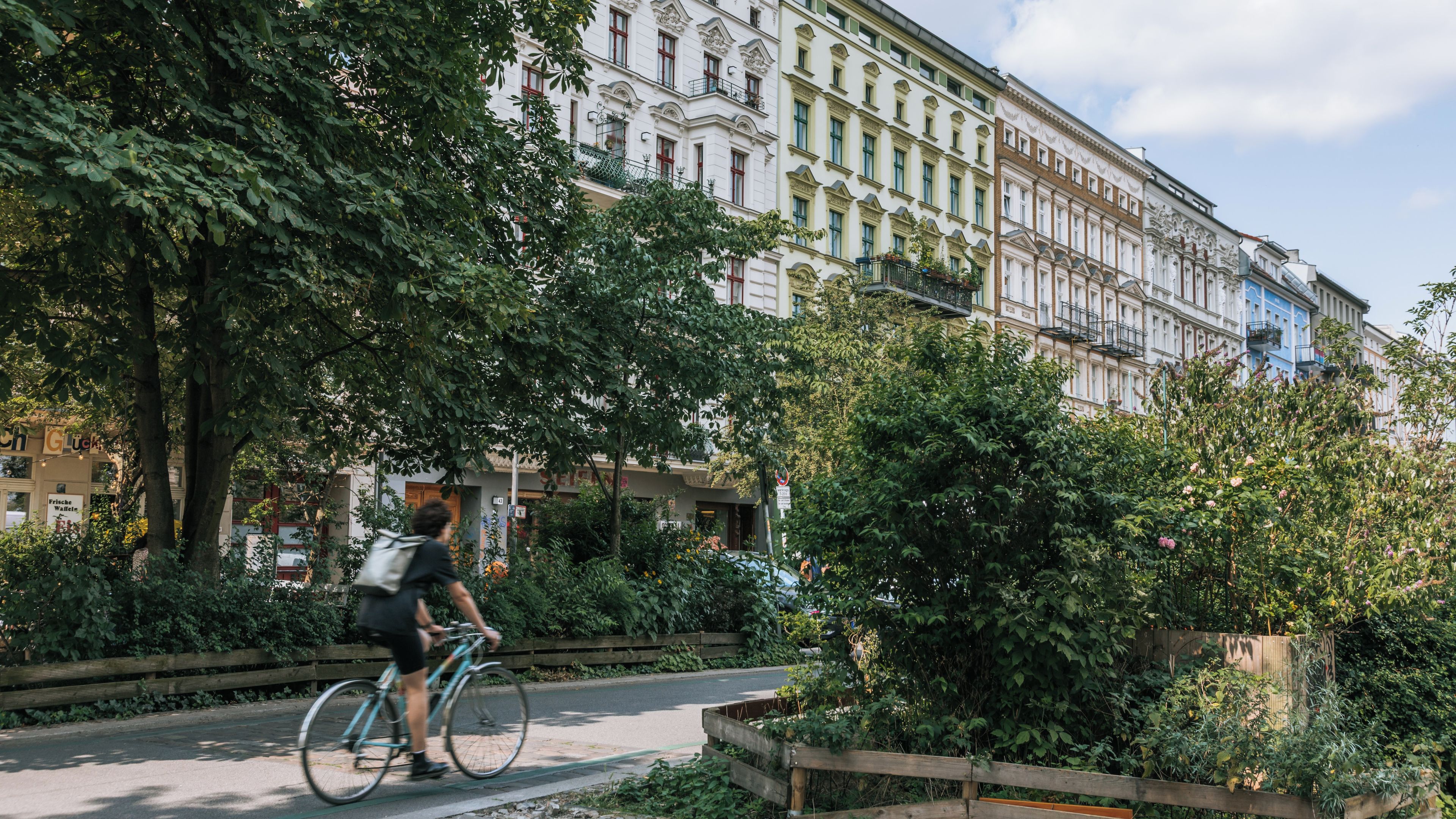 Un ciclista en un sendero bordeado de árboles, con edificios históricos al fondo.