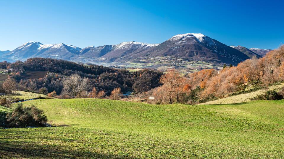 A mountainous landscape with green fields and autumn-colored trees.