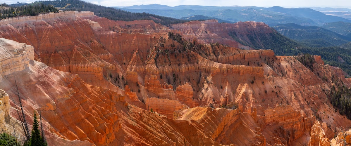 A canyon with layered rock formations and a forested mountain range in the background.