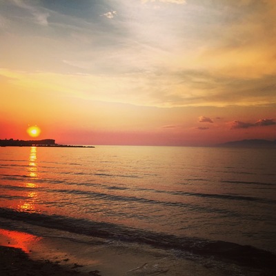 A view from are hotel in Corfu at sunset. With the mountains of Albania only a few miles across the Mediterranean Ocean.