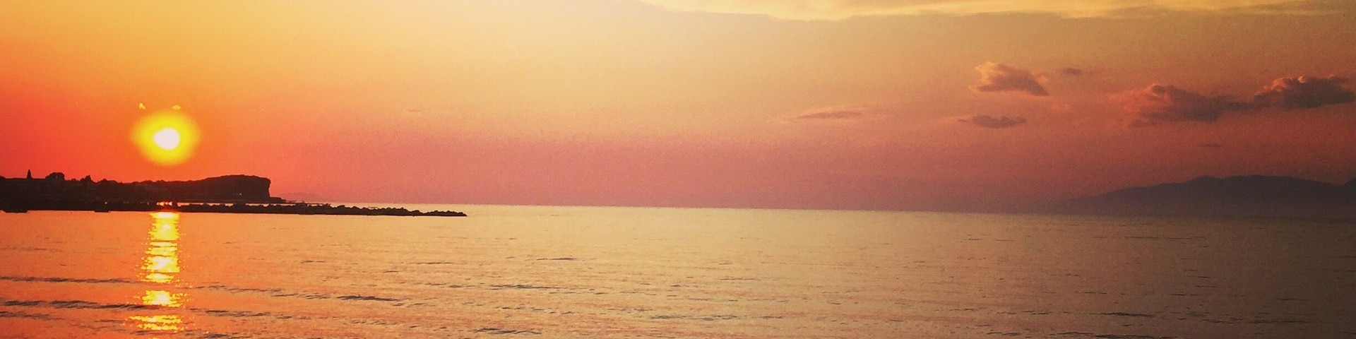 A view from are hotel in Corfu at sunset. With the mountains of Albania only a few miles across the Mediterranean Ocean.