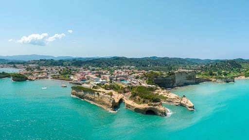Aerial view of the promontory of Sidari in the northern part of the island of Corfu, Greece. 07-04-2022. Canal D'Amour cliffs. Bathers on the rocks and in the water