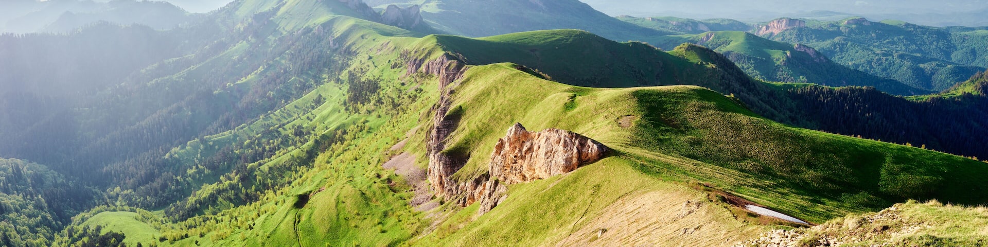 Summer landscape. Mountain with rocky peak Big Thach in summer season, Adygea, Russia.