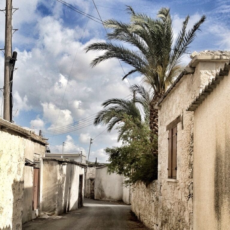 A narrow street flanked by old buildings with palm trees and power lines.