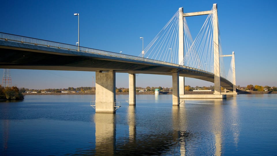Un puente colgante imponente que cruza un río ancho bajo cielos despejados.