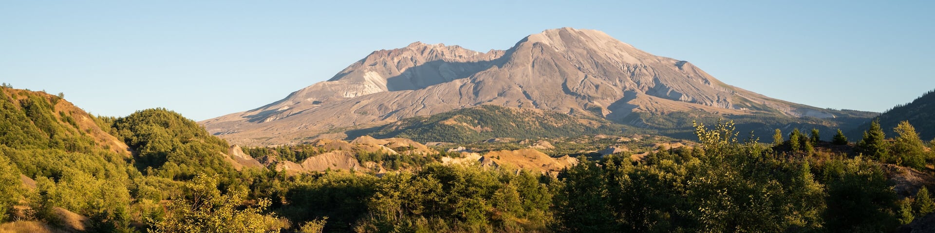 Beautiful Summer Golden Hour Landscape Panorama of Mount St. Helens Volcano in Washington state, USA