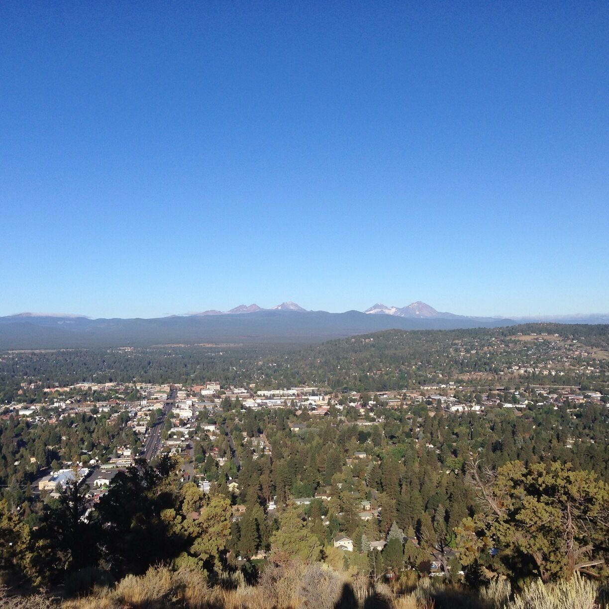 A heck of a view of the Three Sisters from the top of Pilot Butte.  You can get to the top by vehicle or by foot.