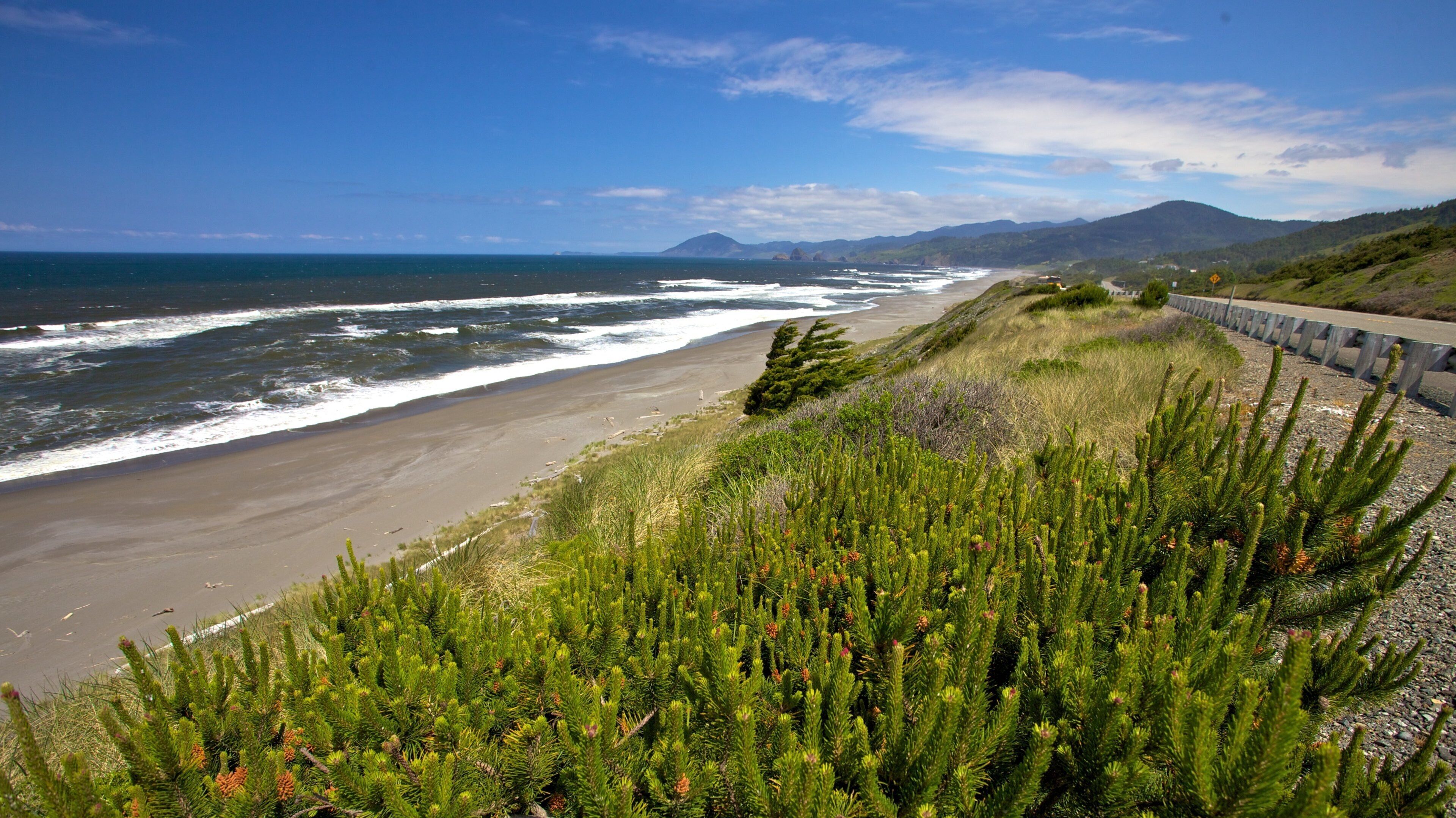 A coastal landscape with a beach, ocean waves, and a road curving along the coast.