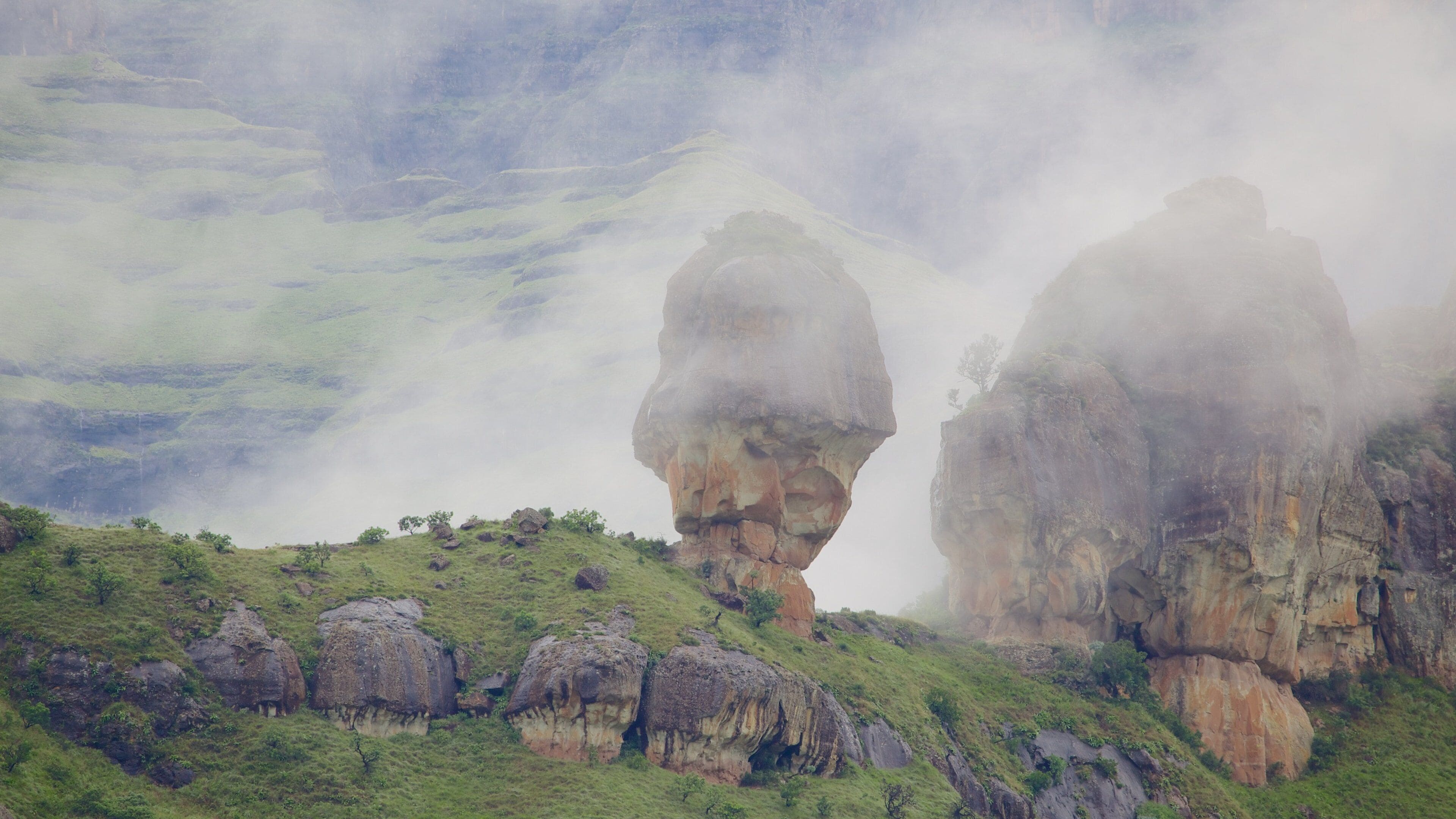 Drakensberg Mountains featuring mist or fog, mountains and landscape views
