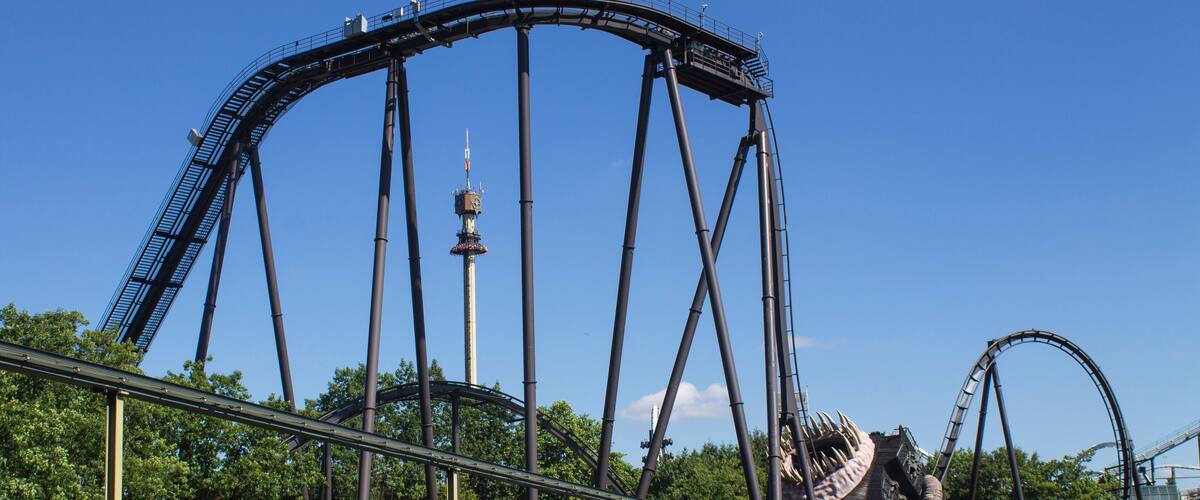 A roller coaster with a loop, a tower, and a bridge over water.