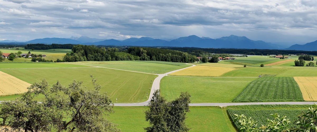 A rural landscape with fields, a winding road, and distant mountains.