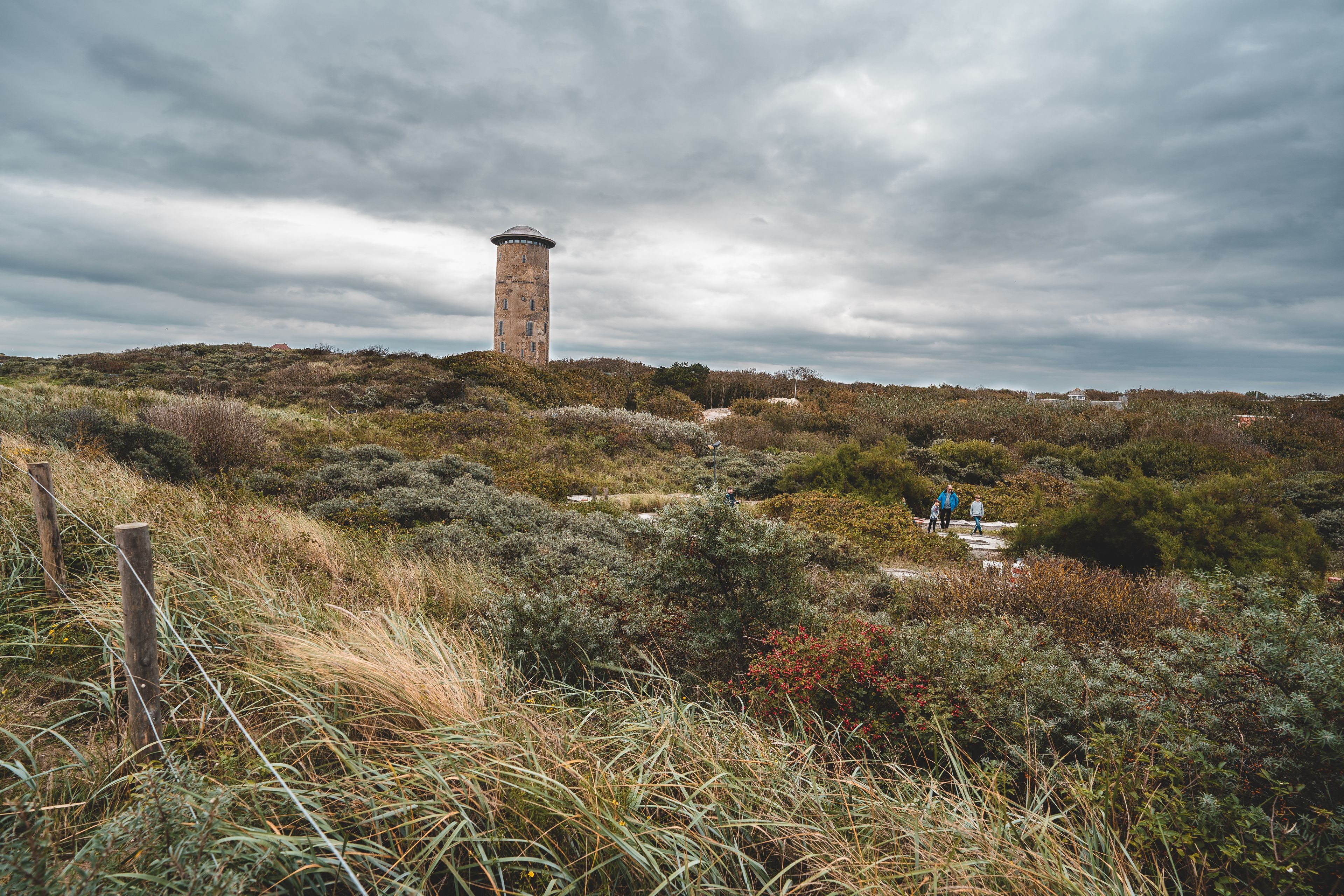 Een toren op een heuvel, omgeven door dichte begroeiing en een bewolkte lucht.