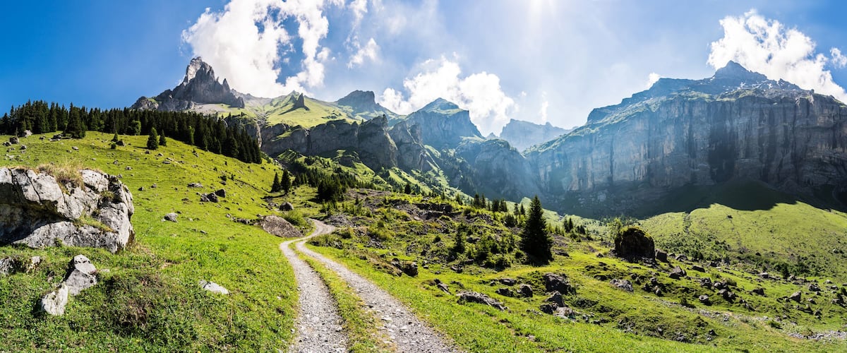 A mountain path with rocky outcrops and lush greenery.