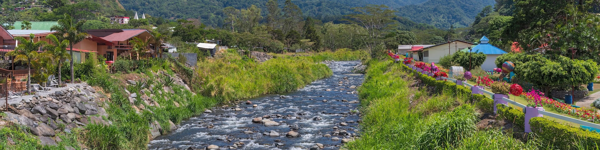 The Caldera River in the town of Boquete, looking north, Chiriqui, Panama on a sunny day.