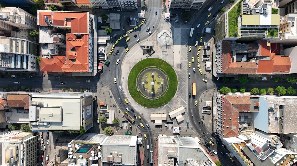 Aerial photo of recently renovated fountain of famous round square of Omonia in the heart of Athens centre, Attica, Greece