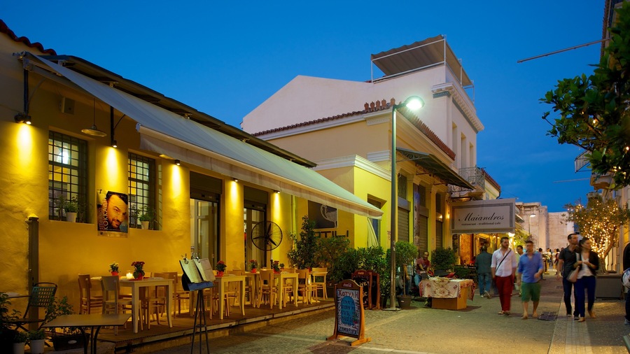Plaka which includes night scenes, dining out and street scenes