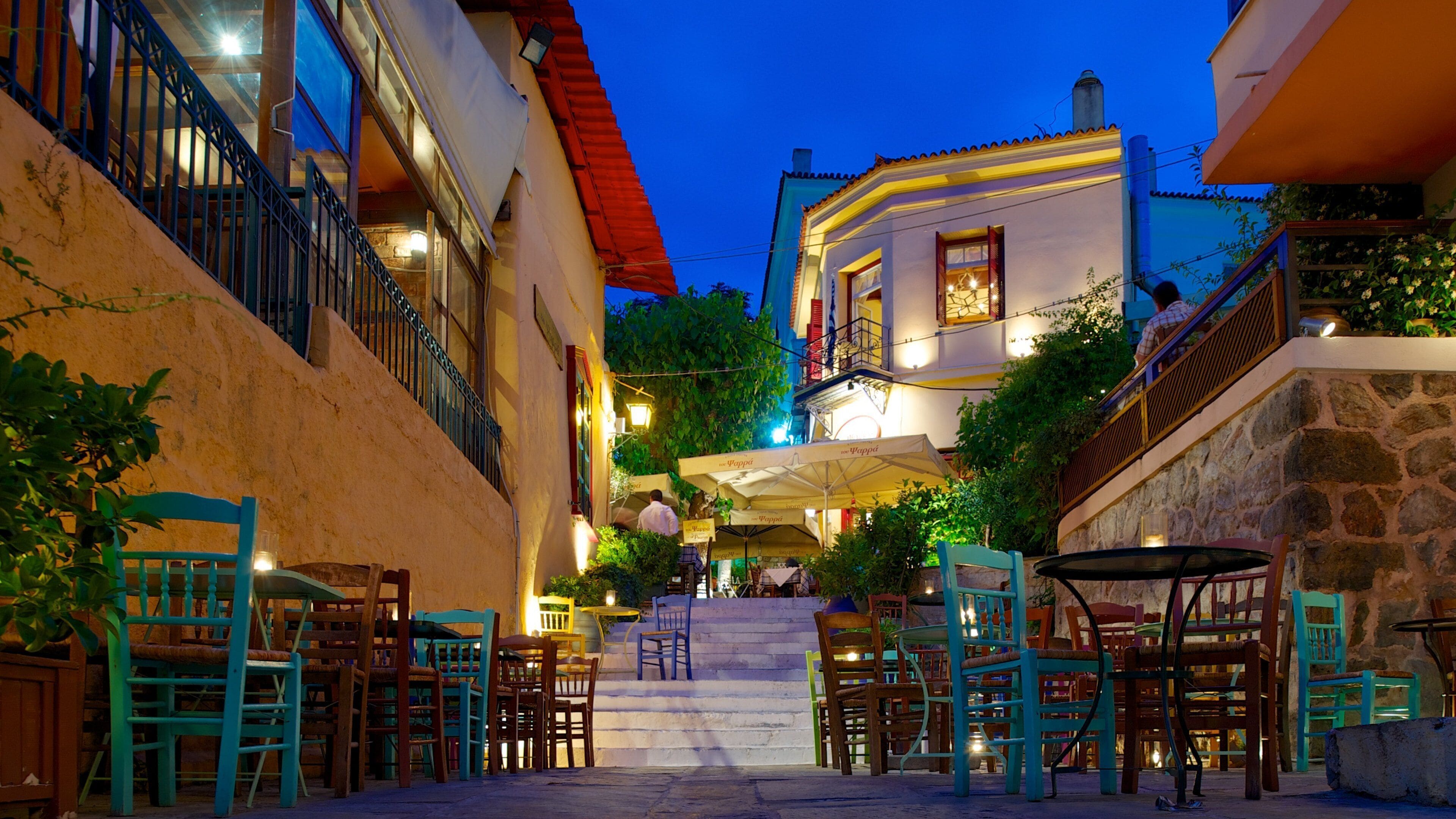 Plaka featuring night scenes, outdoor eating and street scenes