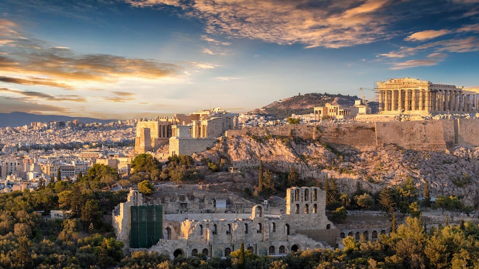 The Acropolis of Athens, including the Parthenon and ancient ruins.