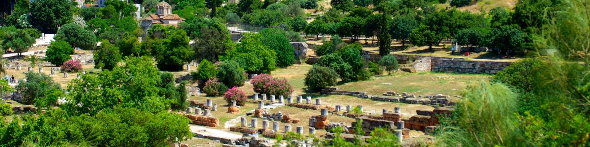 Acropolis which includes landscape views, heritage elements and a small town or village