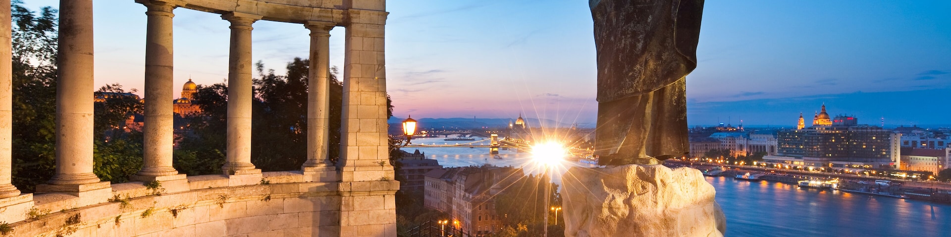 Budapest night view. The Monument to Bishop Gellert (was erected in 1904 and designed by sculptor Gyula Jankovits).