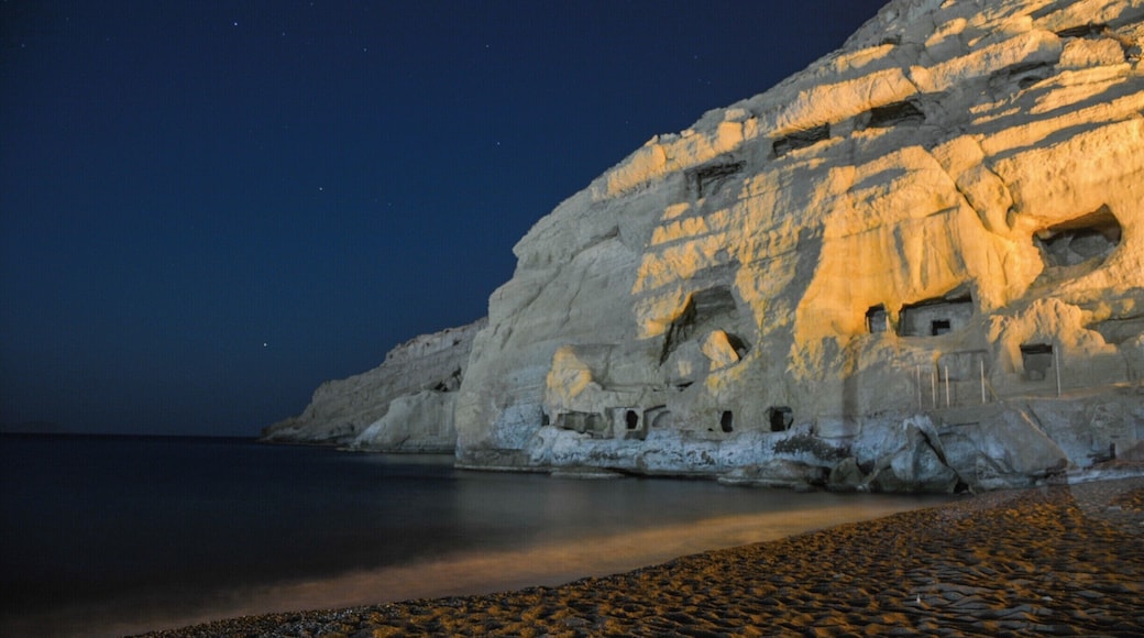 Above the beach at Matala, on the south coast of Crete, are a number of caves carved into the cliffside. During the Roman rule of Crete, the caves housed tombs. In the 1960s, the by-then empty caves hosted hippies who used them to camp out in. Matala still has a slight counter-culture feel to it.