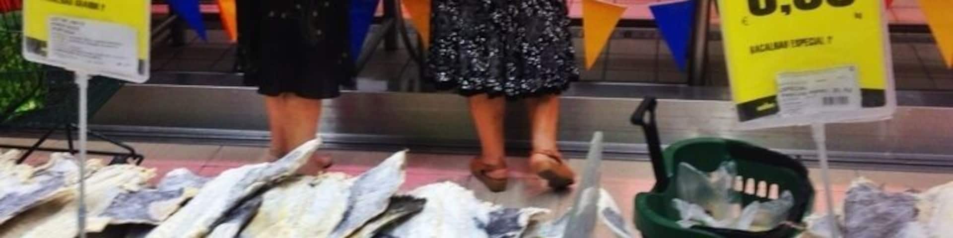 Even castle towns have super markets. In Portugal, the chain of Pingo Doce are good ones that seem to have the best of both worlds: convenience of a broad range of stuff as well as locally sourced products. And of course they all have a pile of bacalao!