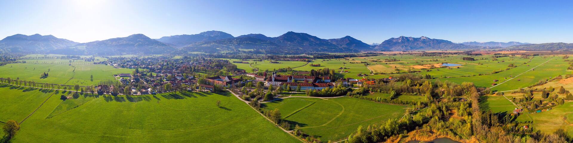 Germany, Bavaria, Benediktbeuern, Drone view of village in Alpine Foothills in summer