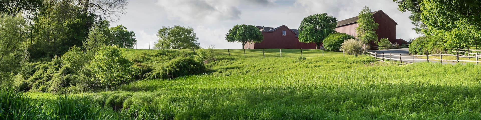 Red Barns on a Green Hilltop with a Stream Flowing Below
