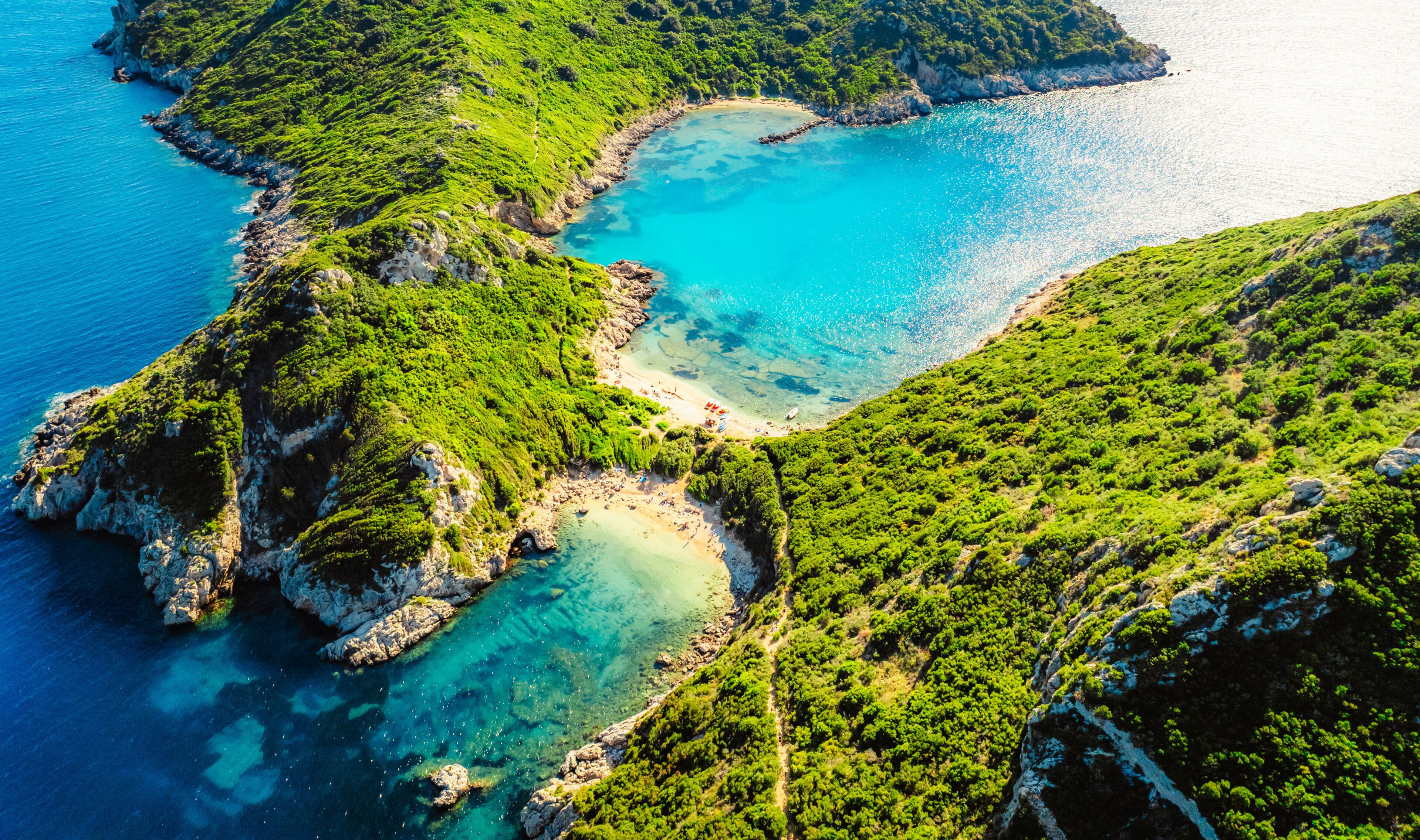 Porto Timoni bay with twin beaches and turquoise waters  and sand beach on Corfu in Greece in Afionas region