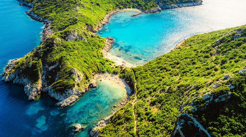 Porto Timoni bay with twin beaches and turquoise waters and sand beach on Corfu in Greece in Afionas region