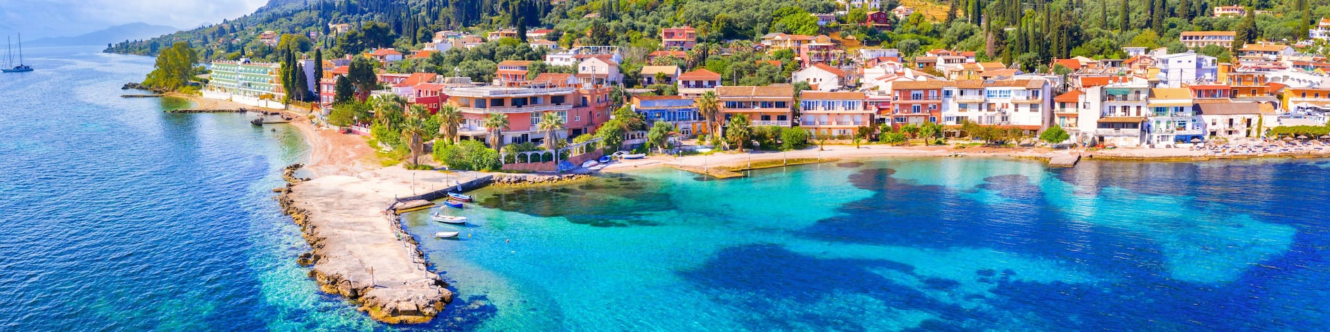 Famous village of Benitses in Corfu island, Greece
