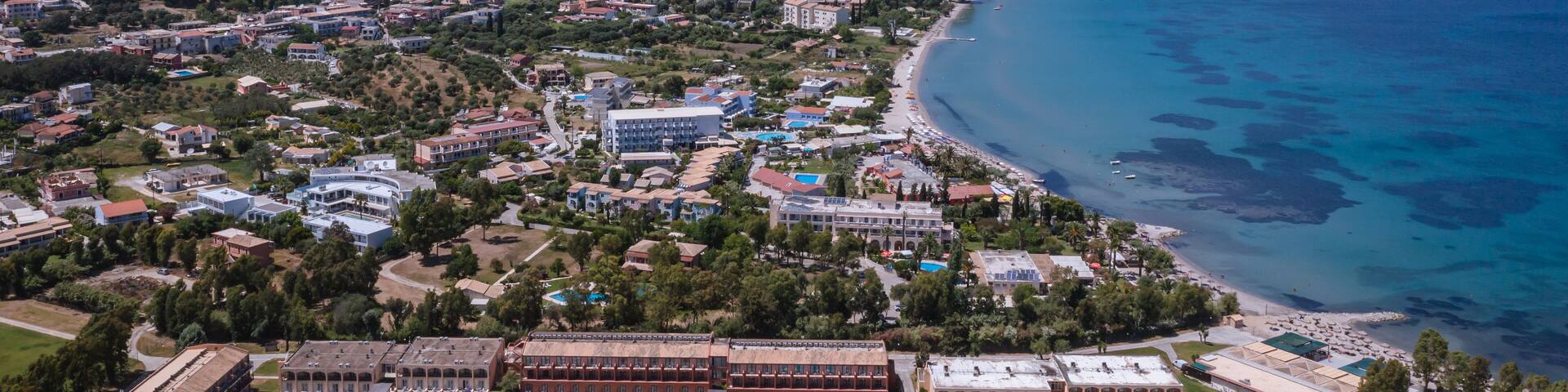 Messonghi Beach holiday resort on border between Moraitika and Messonghi villages on Corfu Island, Greece