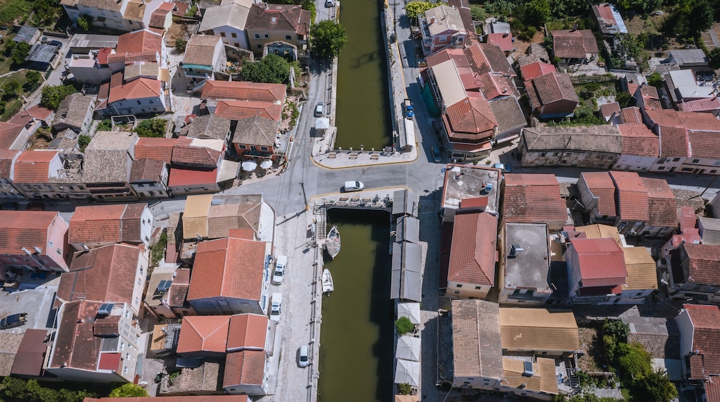 High angle drone view of water canal in Lefkimmi, small town on Corfu - Kerkyra Island, Greece