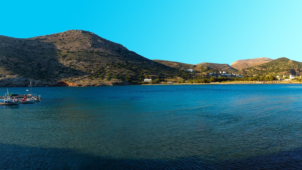 superb panoramic view of the small fishing port of Galissas, on Syros, famous Cyclades island, in the heart of the Aegean Sea