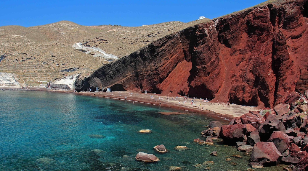 The popular Red Beach on Santorini, Greece. This beach has unique colours compared to the white and black beaches found everywhere else around the island.