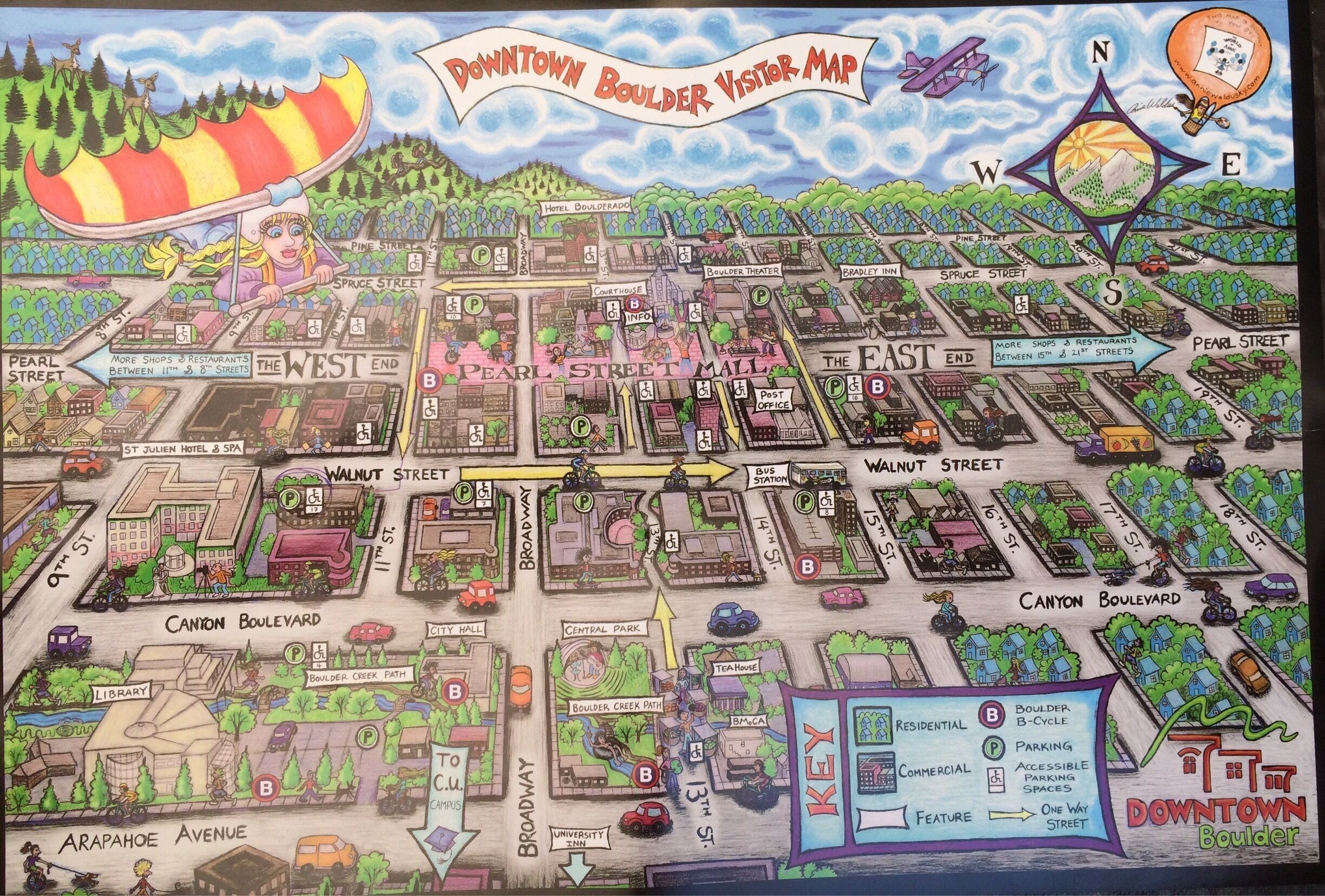 This map of downtown Boulder you can find at the kiosk of information for tourists.
