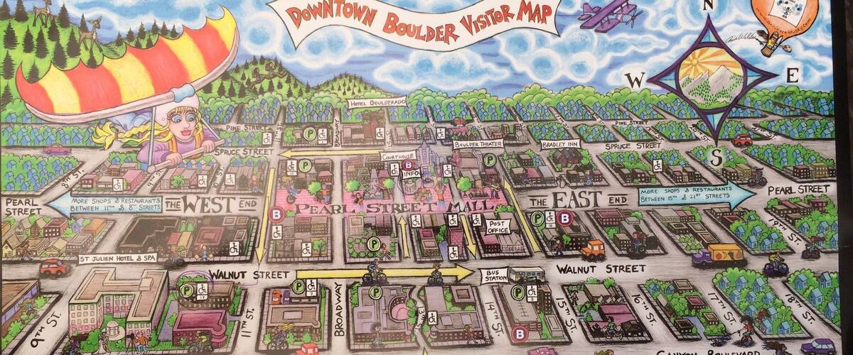 This map of downtown Boulder you can find at the kiosk of information for tourists.