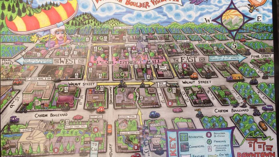 A colorful Downtown Boulder Visitor Map with labeled streets, parks, and landmarks.