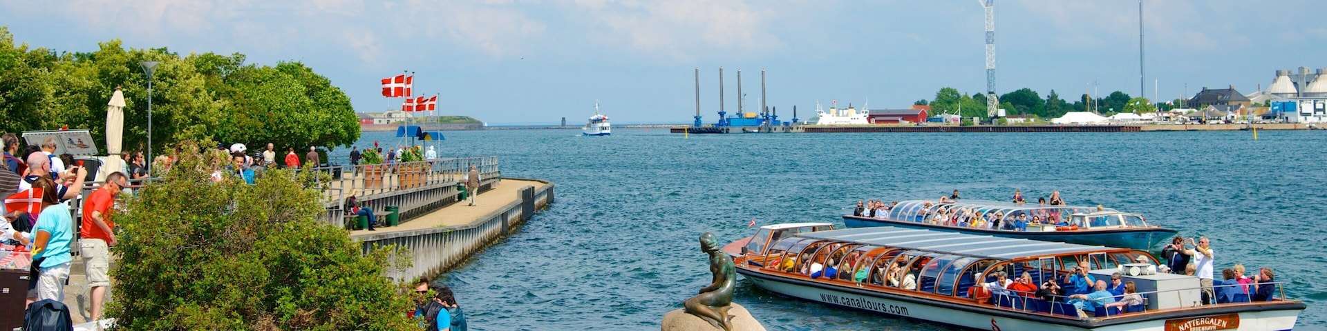 Un recorrido en barco con pasajeros, un muelle con gente y estructuras industriales al fondo.