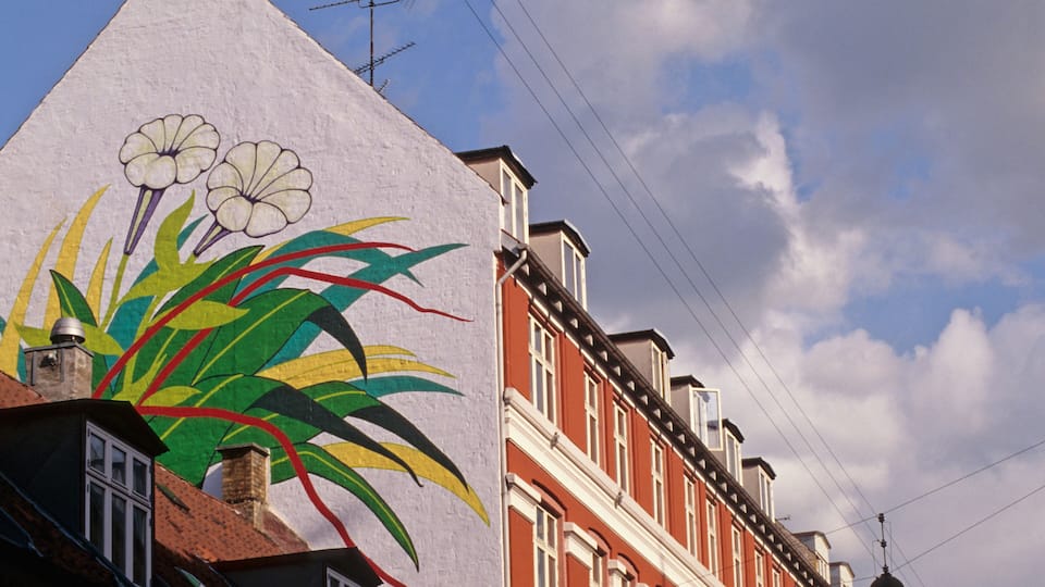 flowers painted on wall of a apartment block in Copenhagen Denmark